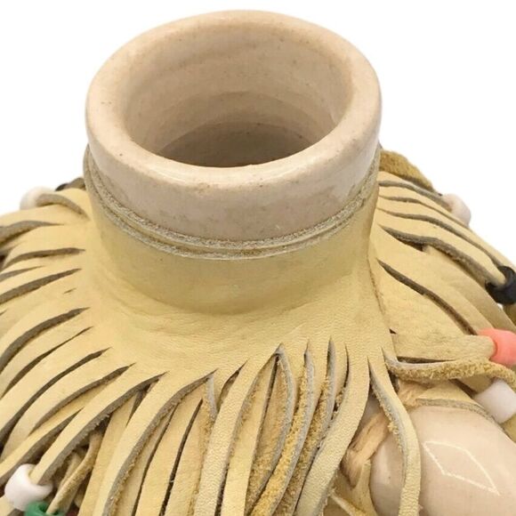 Hobbyist Suede Leather Wrapped Ceramic Jug with Beaded Fringe Braided Strap - Picture 9 of 16